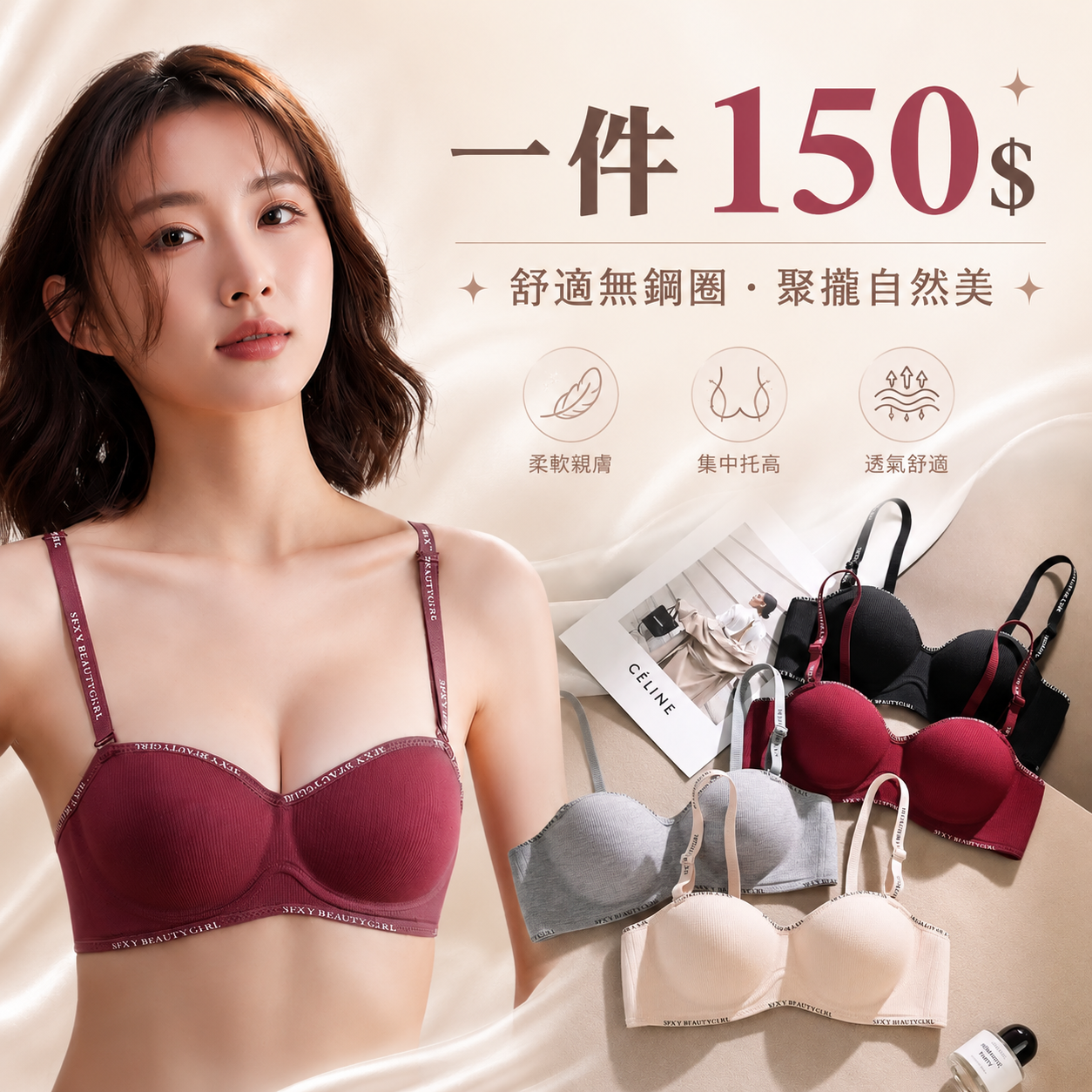 美式無痕字母肩帶內衣無鋼圈
