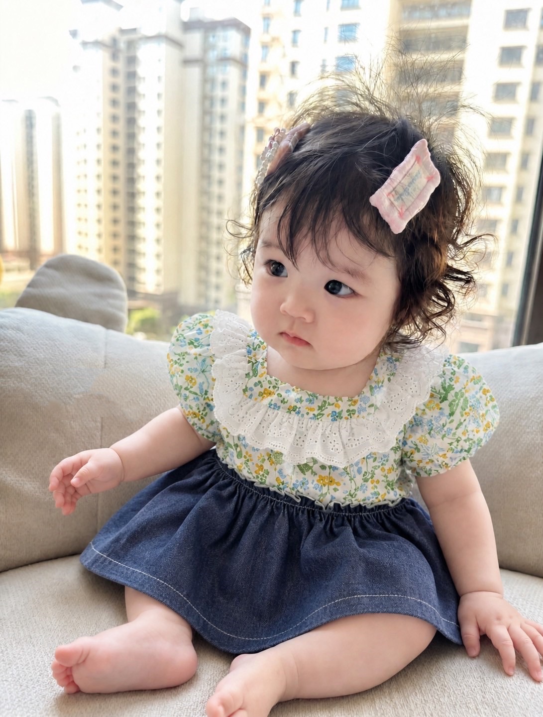 小花蕾絲牛仔包屁裙