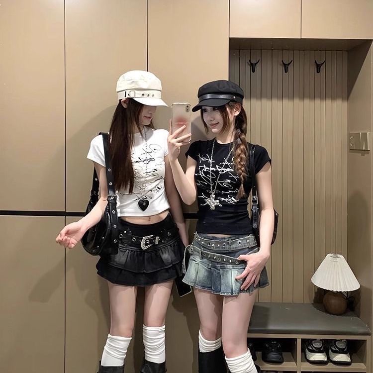 美式 Y2K 復古雙腰帶金屬孔眼百褶牛仔短裙