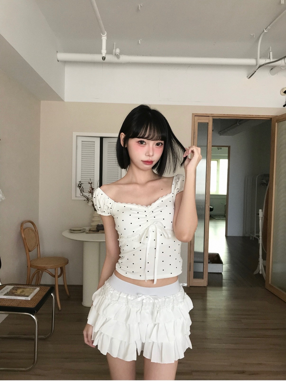 𝑷𝒐𝒏𝒚𝒐 初戀日常 波點褶皺蝴蝶結上衣