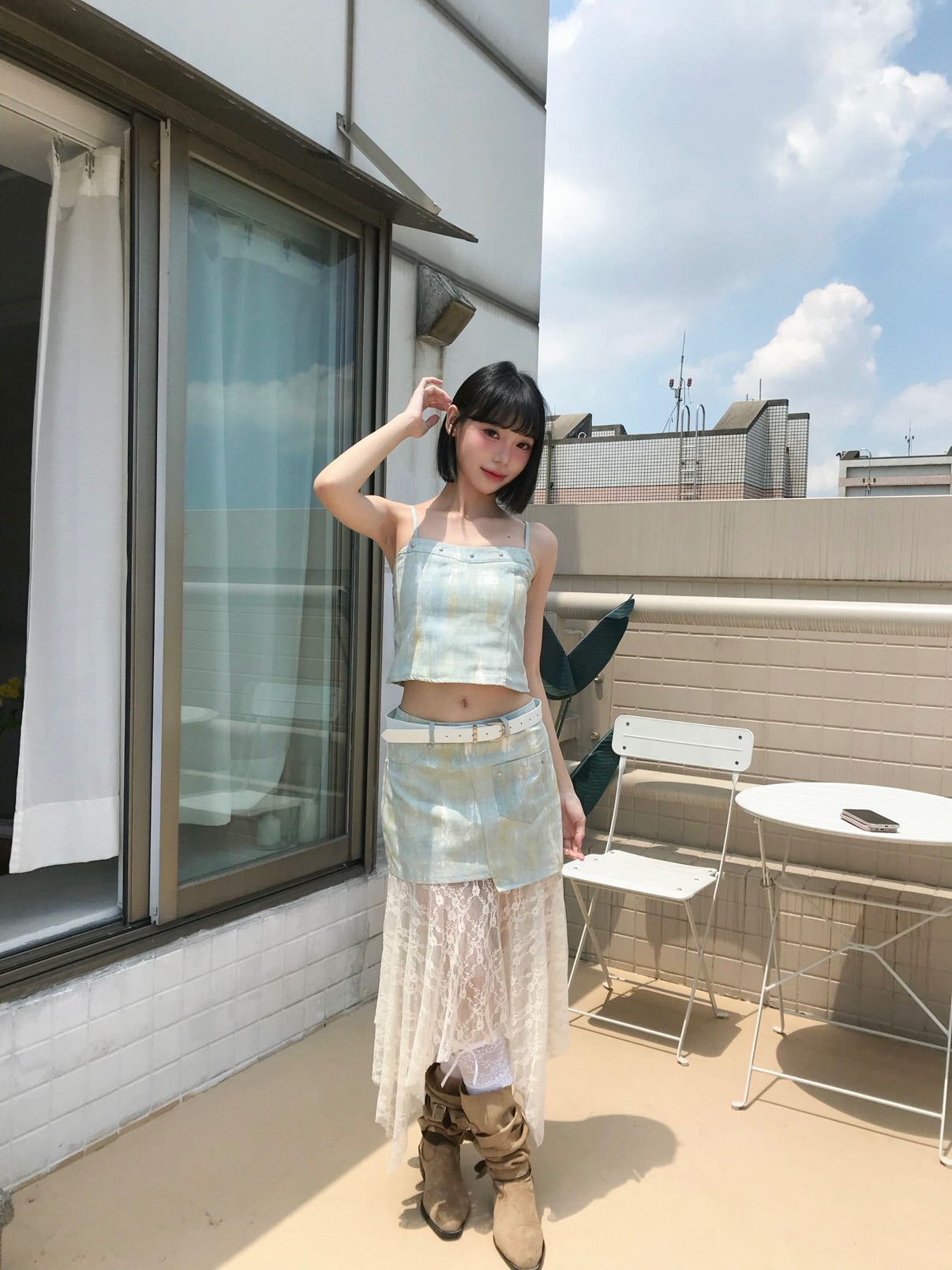 𝑷𝒐𝒏𝒚𝒐 附皮帶!!油畫蕾絲拼接牛仔套裝