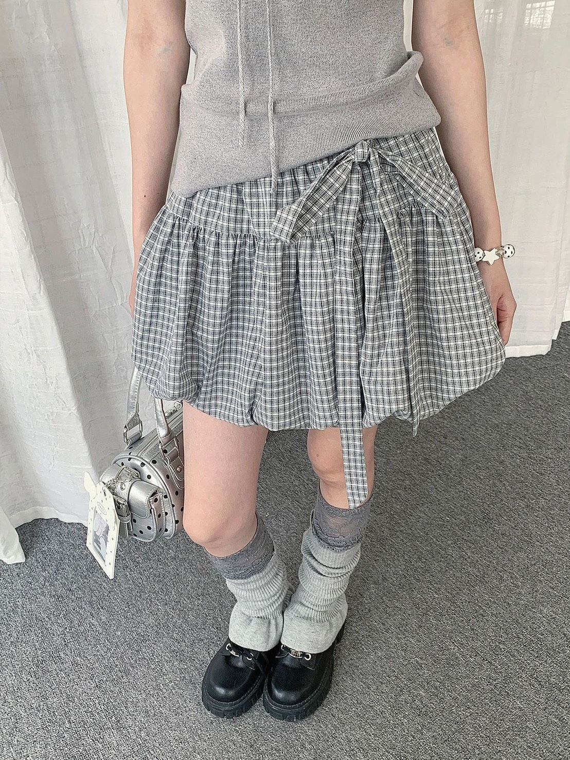 ꒰韓系輕亞灰色格紋花苞短裙꒱