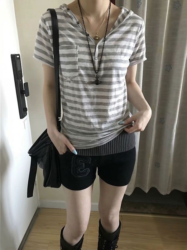 ꒰韓系輕亞灰色條紋修身連帽上衣꒱