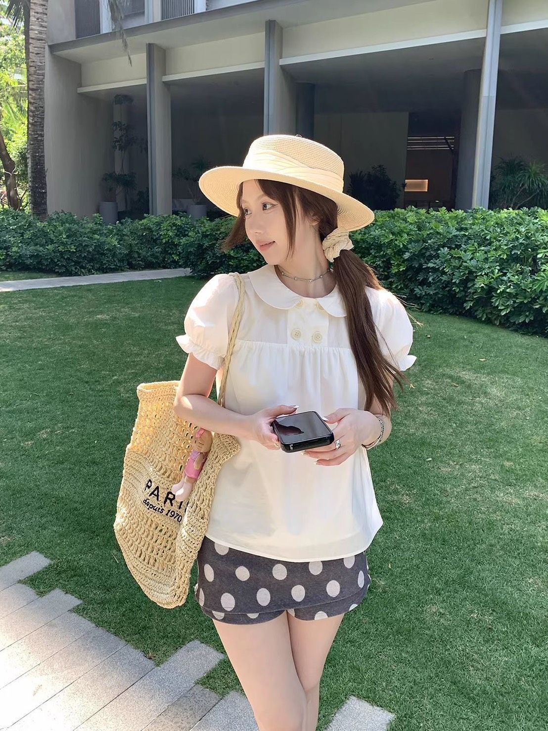 ꒰法系甜美泡泡袖鈕扣波點套裝꒱