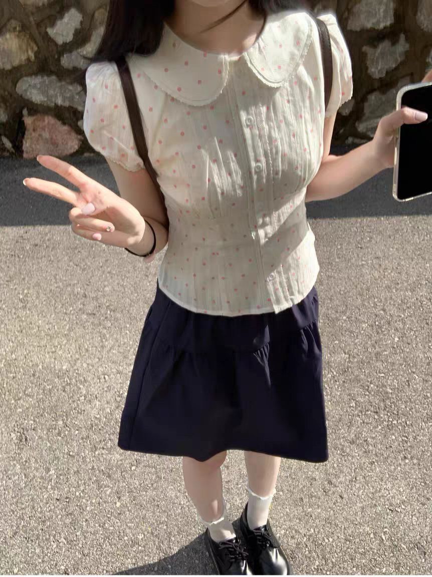 ꒰日系粉色波點娃娃領套裝꒱