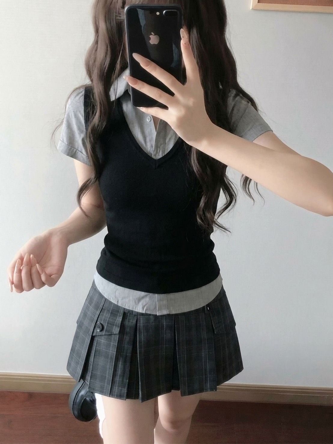 ꒰韓系學院風假兩件格紋套裝꒱
