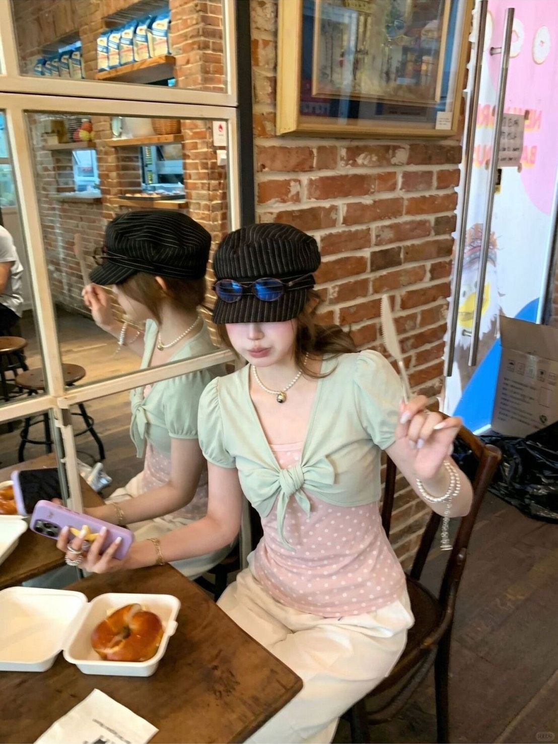 ꒰韓系甜美撞色粉嫩波點真兩件上衣꒱