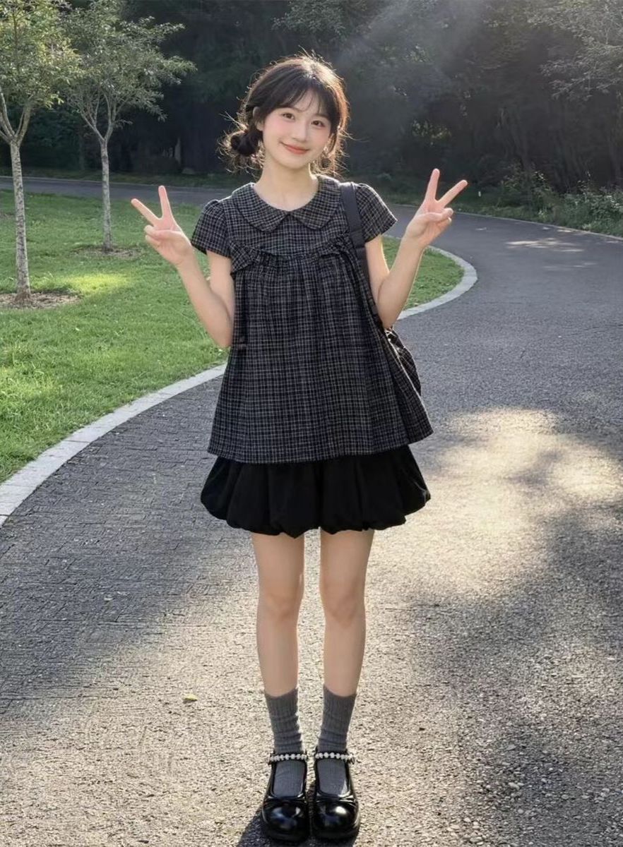 ꒰日系甜美格紋古早感套裝꒱