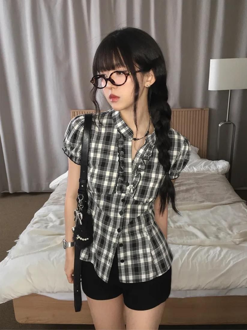 ꒰韓系格紋木耳邊泡泡袖修身襯衫꒱
