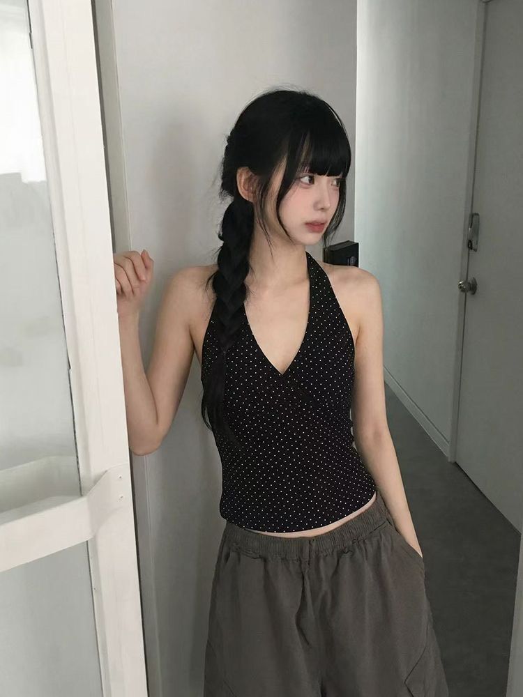 ꒰韓系波點掛脖修身背心꒱