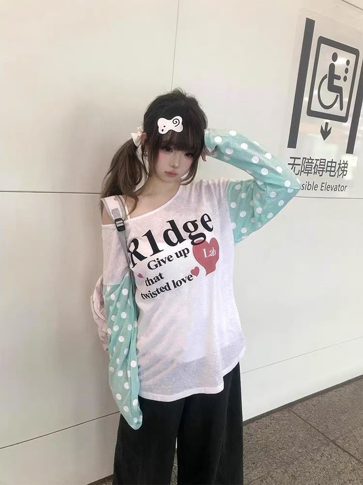 ꒰韓系薄荷綠波點露肩罩衫長袖꒱