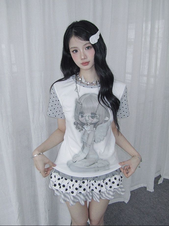 ꒰韓系灰色天使少女正肩純棉上衣套裝꒱