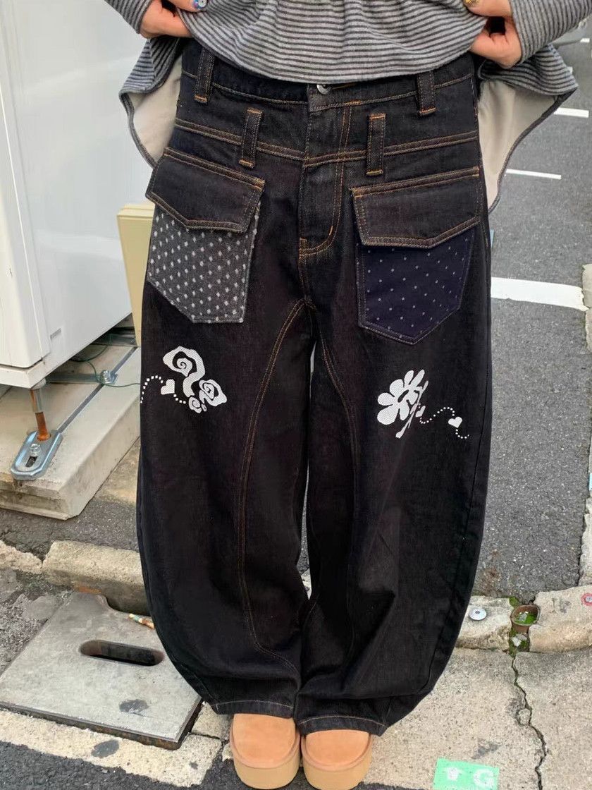 ꒰美式重工特別波點拼接口袋寬鬆彎刀牛仔褲꒱