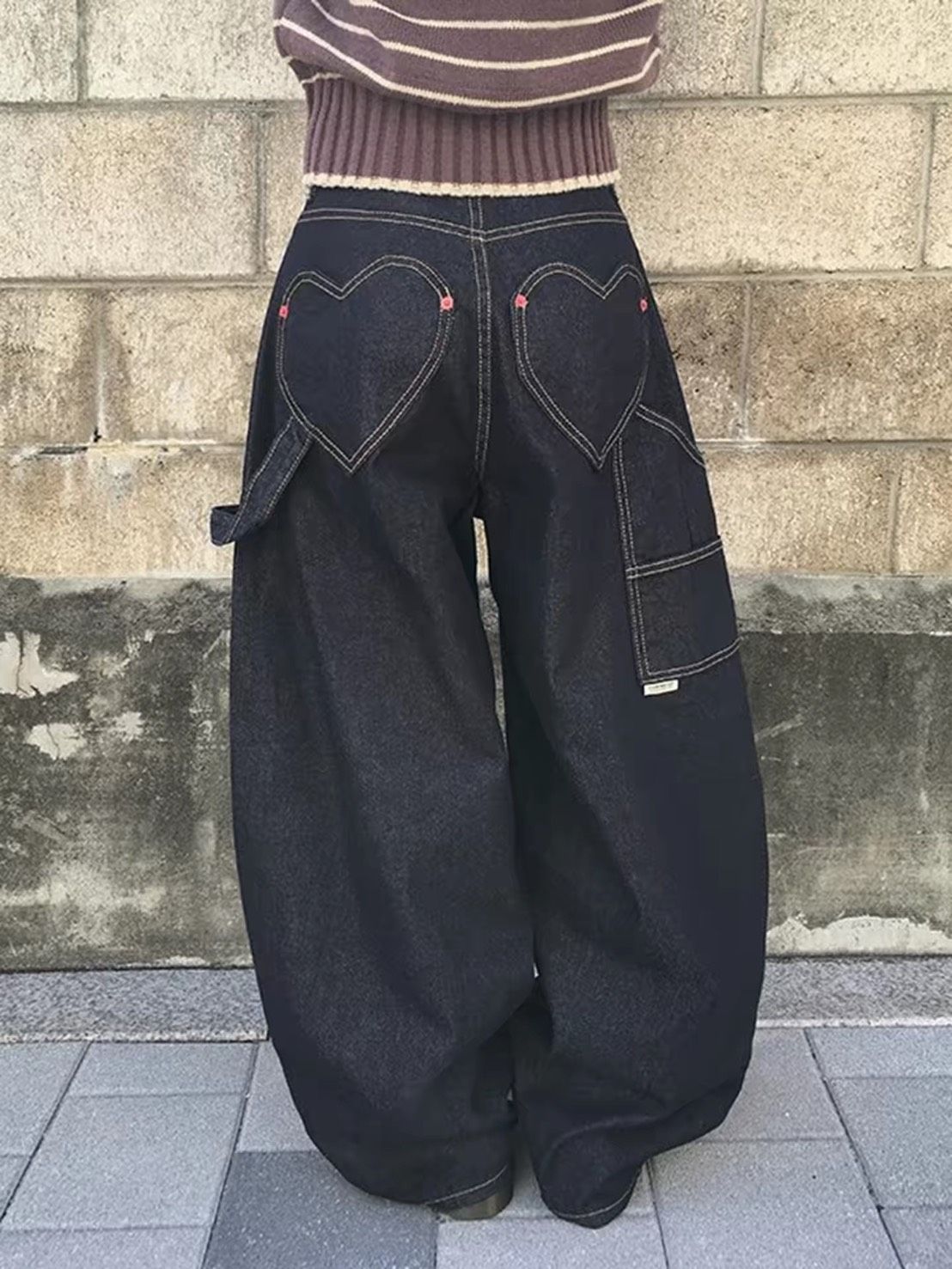 兩色꒰韓系復古愛心口袋明線寬鬆牛仔褲꒱