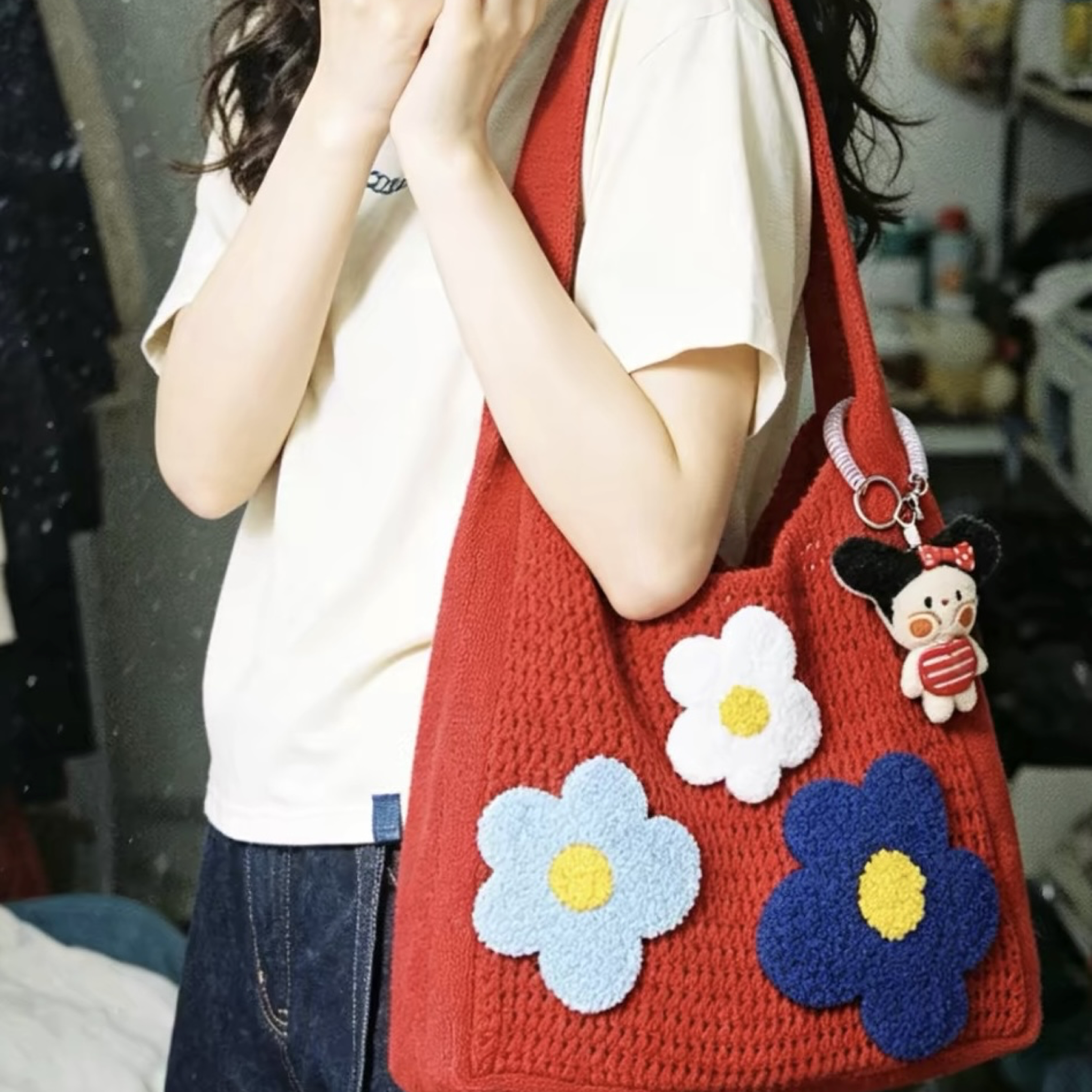夏季針織花朵刺繡托特包