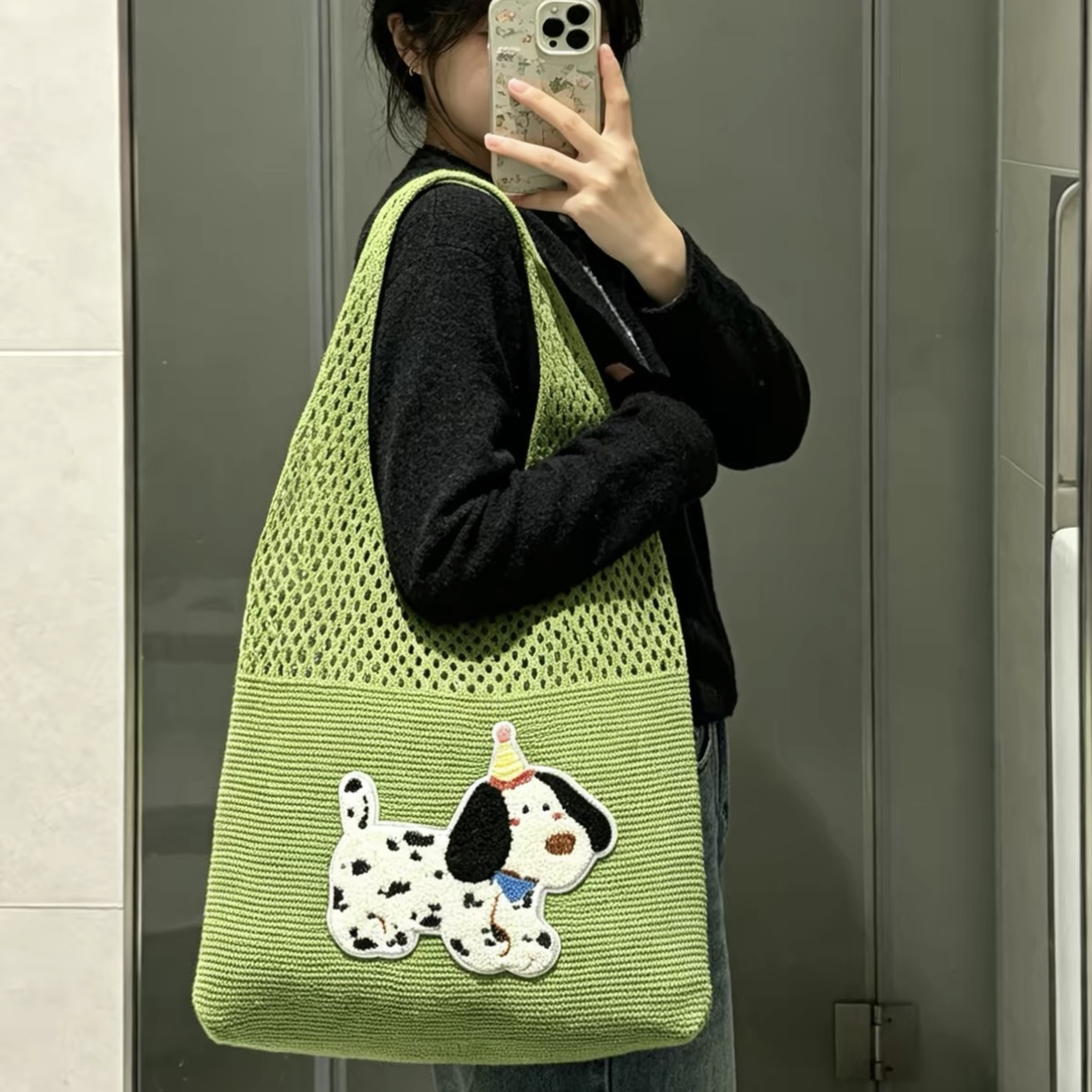夏季針織狗狗刺繡托特包
