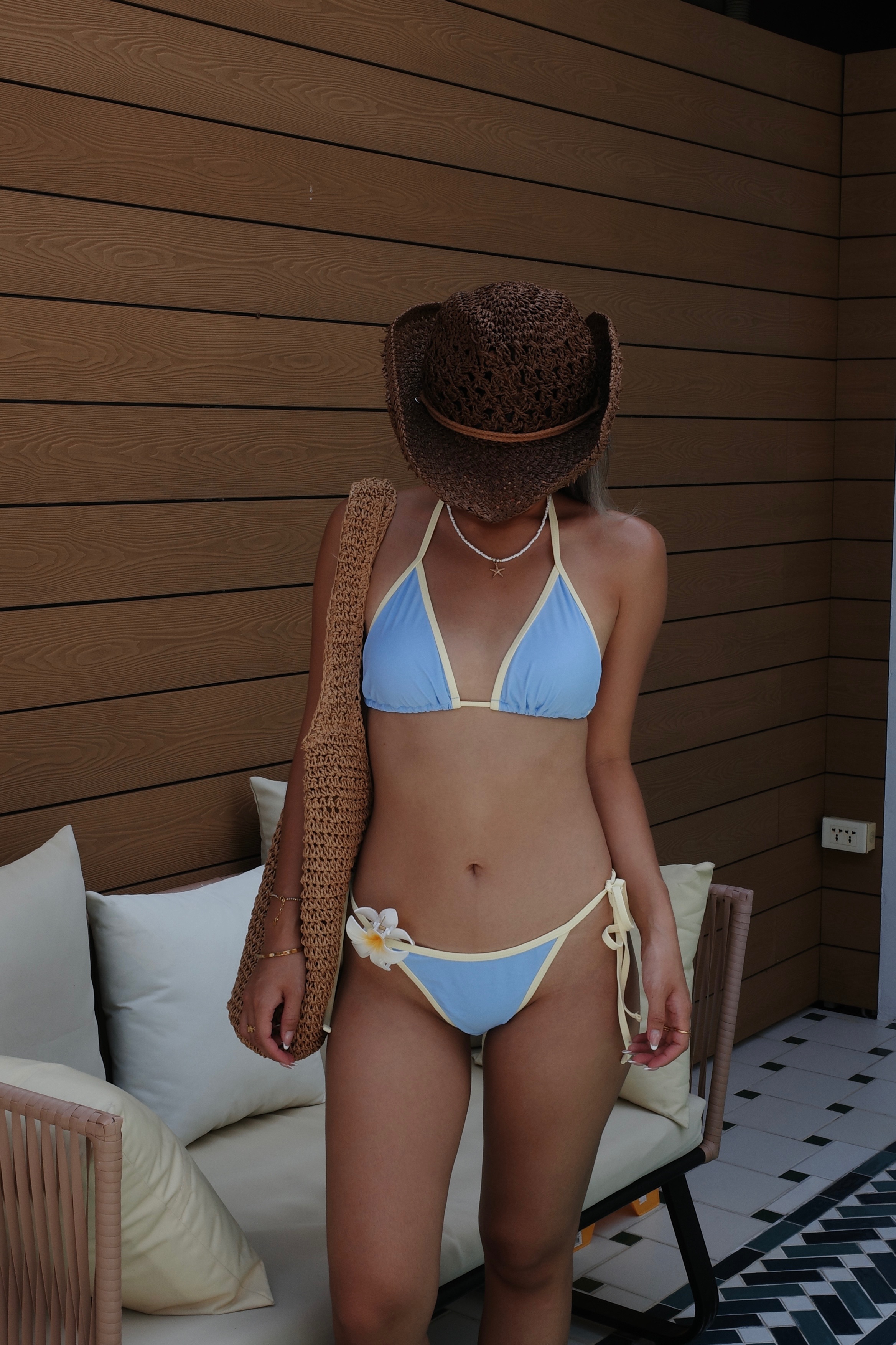 奶油藍Cutest 🩵💛 歐美 辣妹 綁帶泳衣 拼色  性感比基尼 兩件式bikini