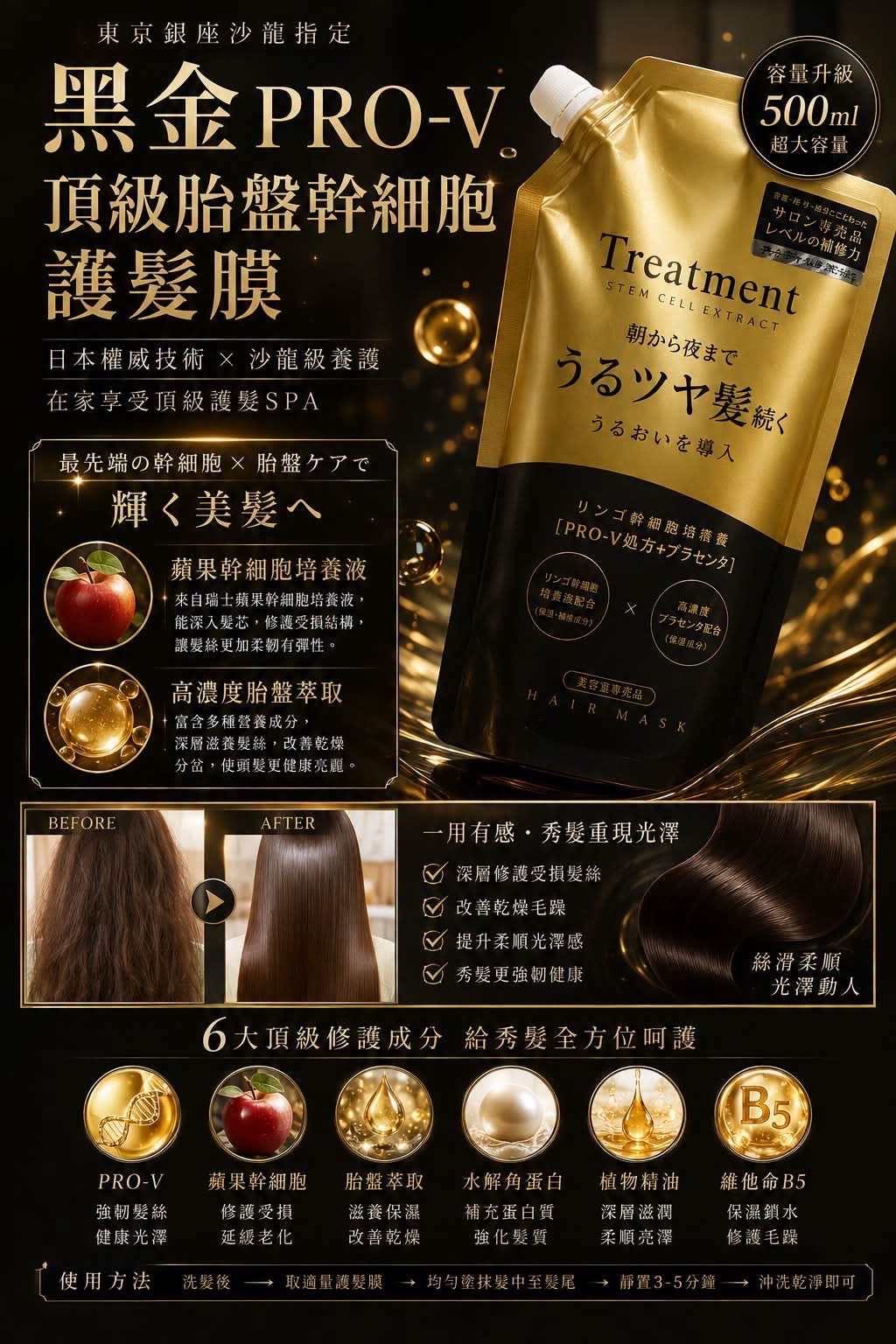 👑 東京銀座沙龍級・黑金 PRO-V 護髮膜500ml 超大容量｜