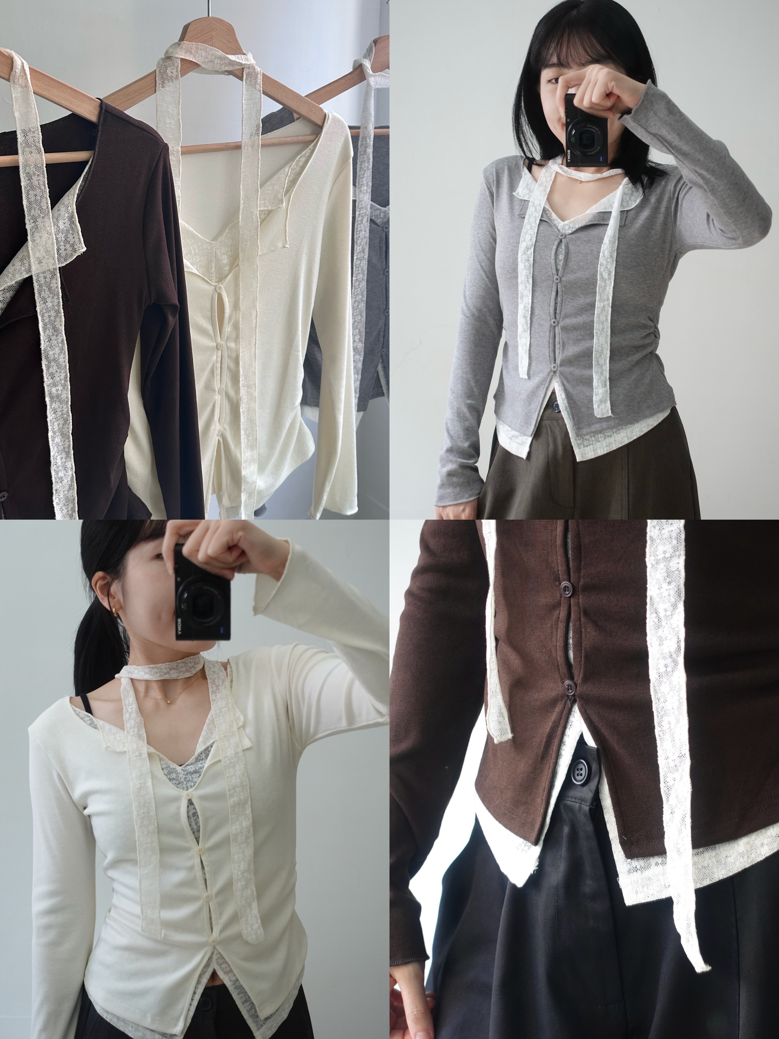 版型優！假兩件固定釦拼接蕾絲雙腰抓皺薄彈舒適tee+蕾絲飄帶-3色