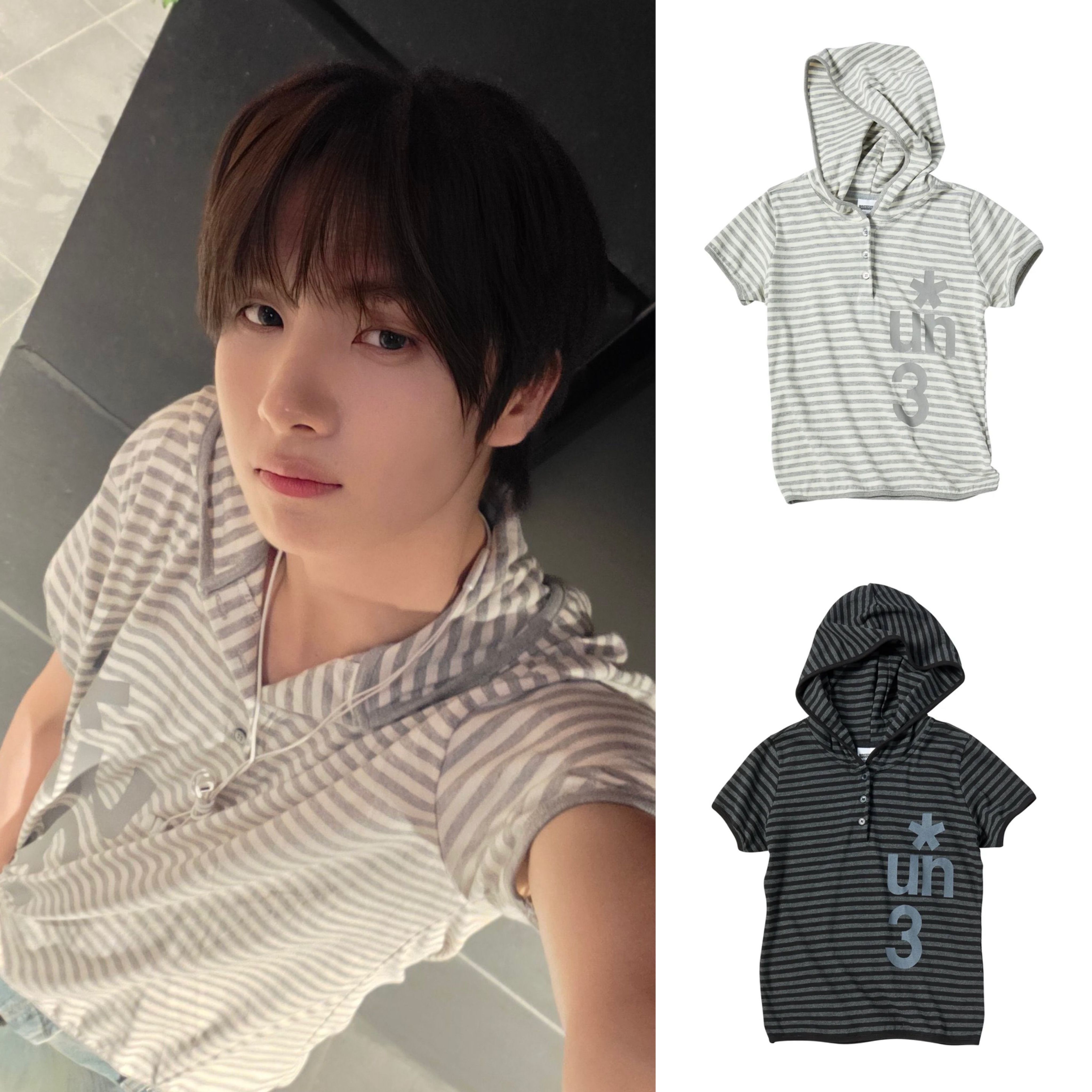 崔英宰同款 SYMBOL STRIPE HENLEY HOOD CROP SHORT SLEEVE