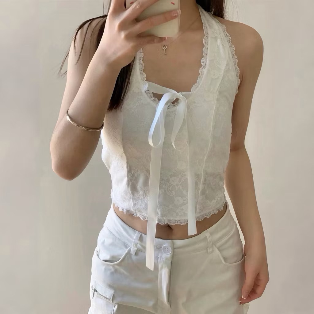 𝐳𝐡𝐮’𝐬 𝐬𝐭𝐨𝐫𝐞 ♡ 純欲蕾絲掛脖美背蝴蝶結上衣（含胸墊）（ 𝟑 𝐜𝐨𝐥𝐨𝐫𝐬 ）