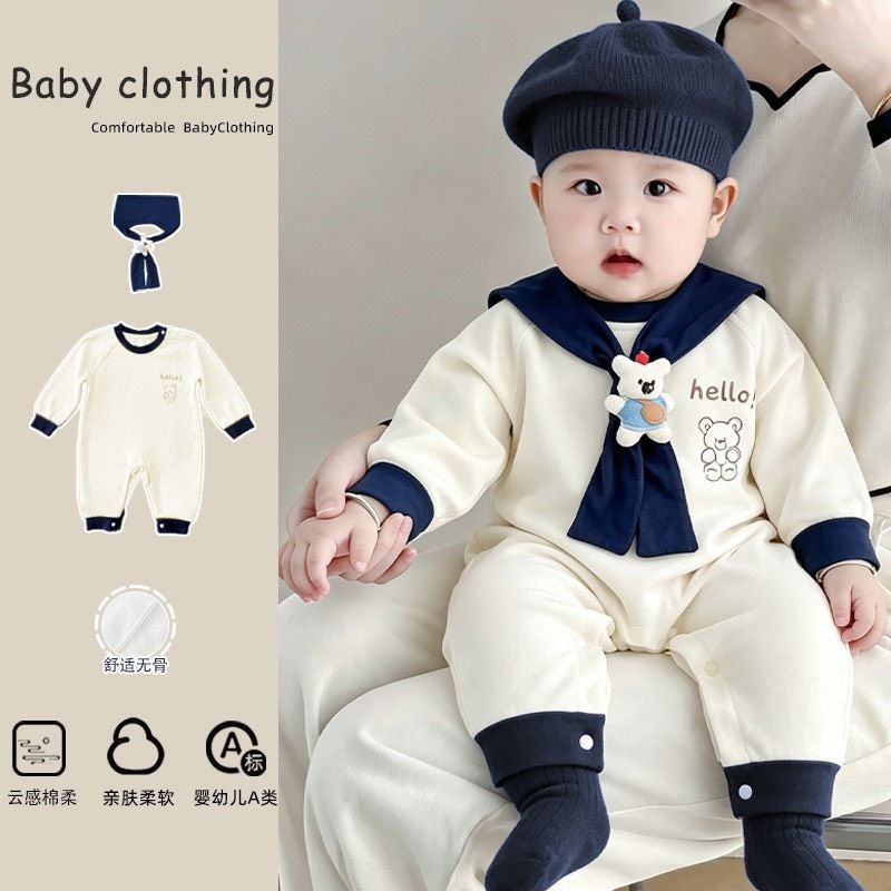 【貝殼星】寶寶x兒童 男寶男童 韓系無骨舒絨棉小熊水手爬服 212780016
