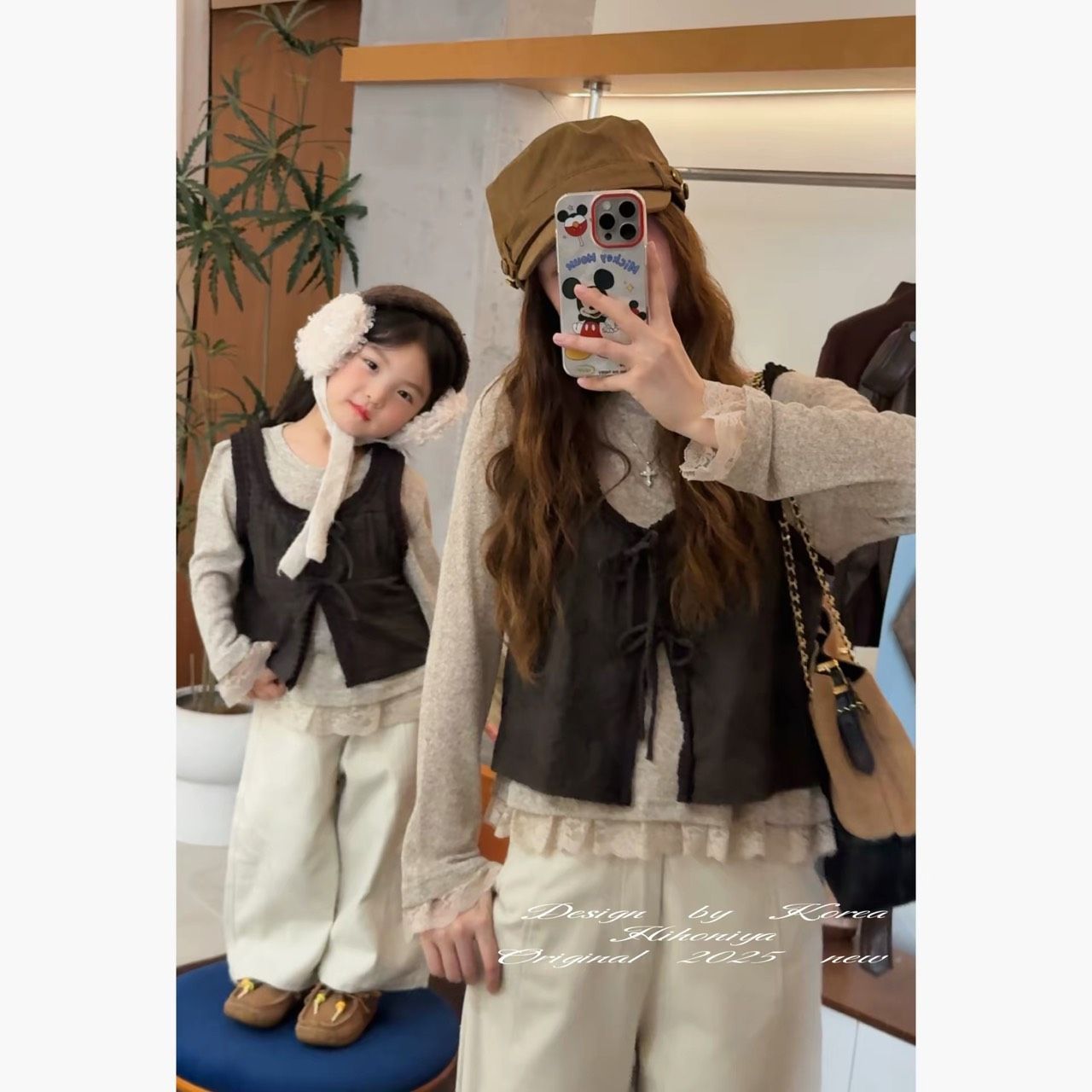 【貝殼星】親子裝x母女裝 韓國秋季蕾絲拼接綁帶馬甲+打底衣兩件套 203145696