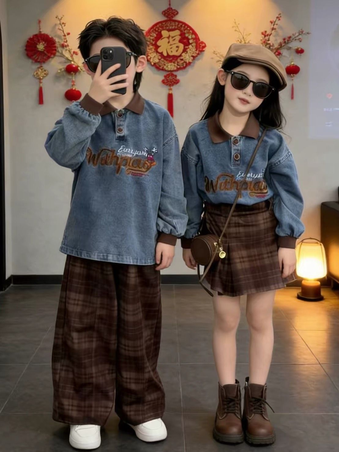 【貝殼星】兄妹裝x雙胞胎龍鳳胎 男童女童復古牛仔翻領上衣+格子裙/褲套裝 兩件套 203253096