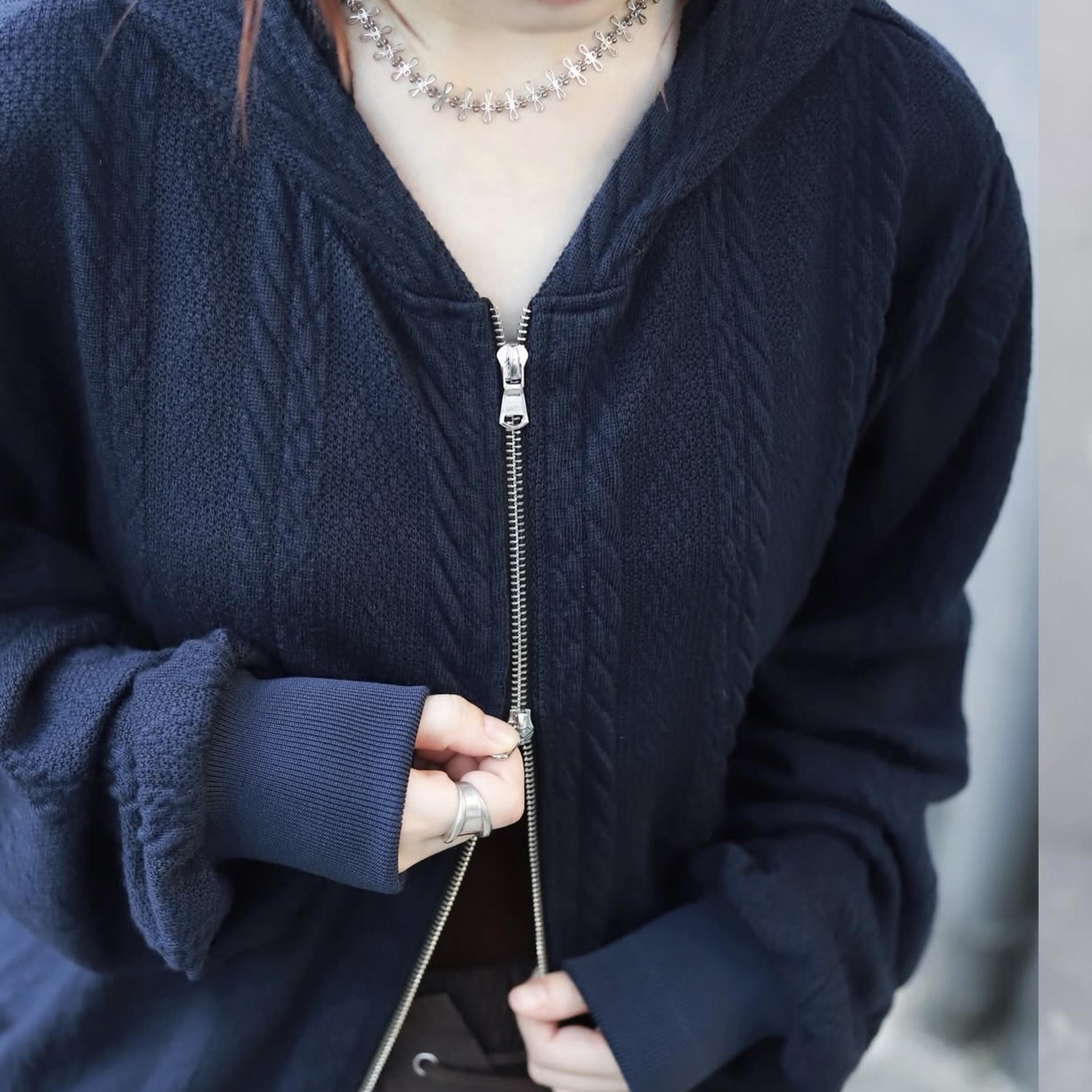高級學院感♡藏藍麻花連帽毛外套