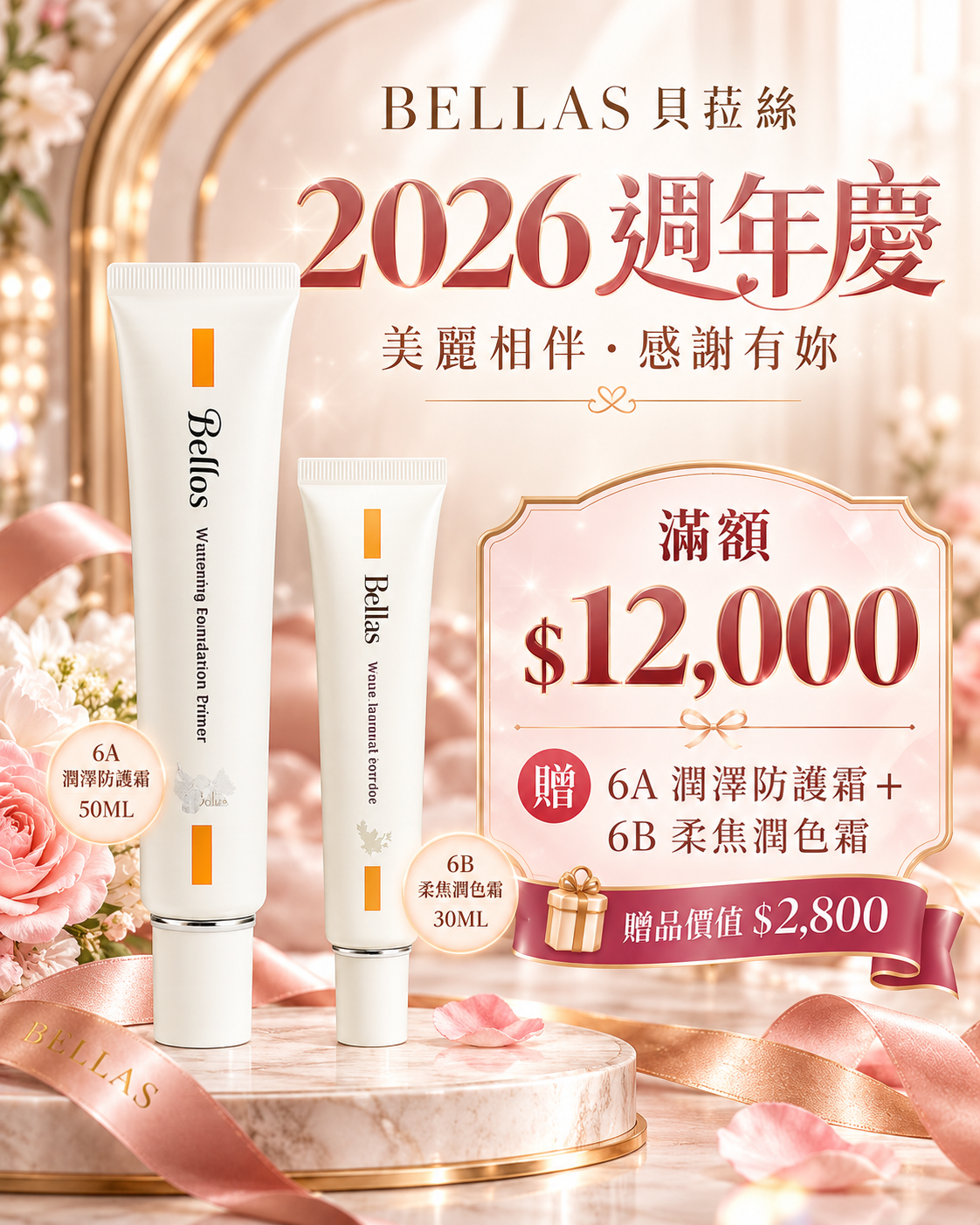 滿額 $12，000 贈 6A 潤澤防護霜＋6B 柔焦潤色霜 🎁 贈品價值 $2，800