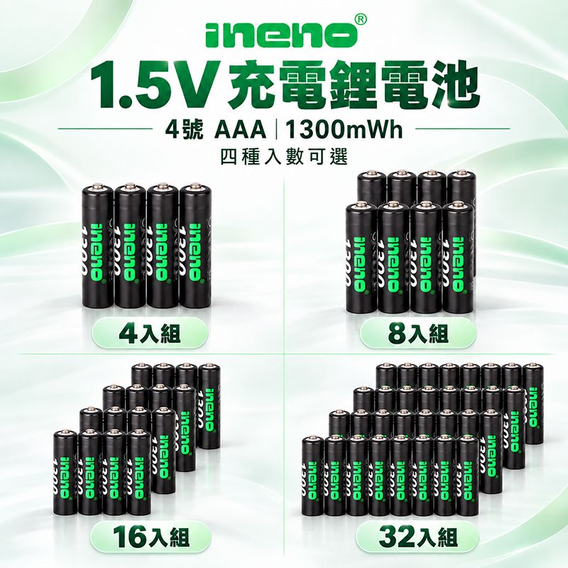 iNeno  4號 AAA 1.5V 恆壓充電鋰電池  1300mWh