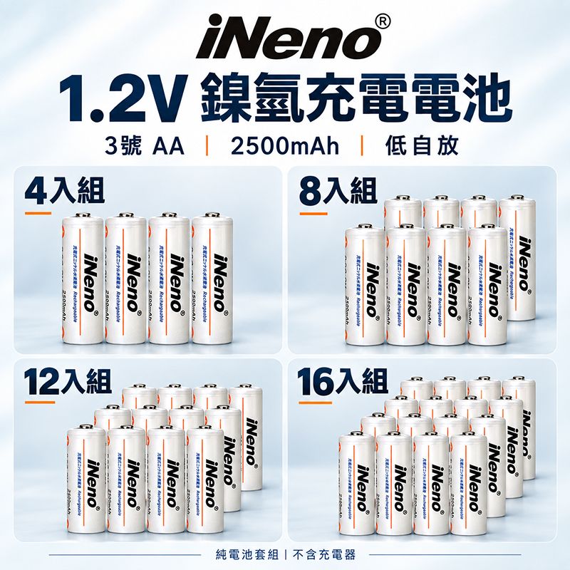 【iNeno】3號AA 低自放電鎳氫充電電池 1.2V｜2500mAh