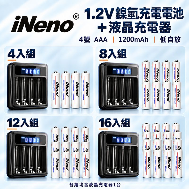 iNeno   4號AAA  1.2V｜1200mAh 低自放鎳氫電池＋4槽液晶充電器