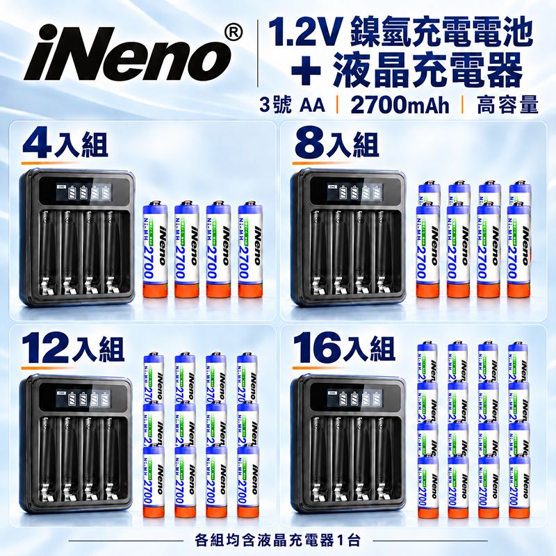 iNeno   3號AA 1.2V｜2700mAh 高容量鎳氫電池＋4槽液晶充電器
