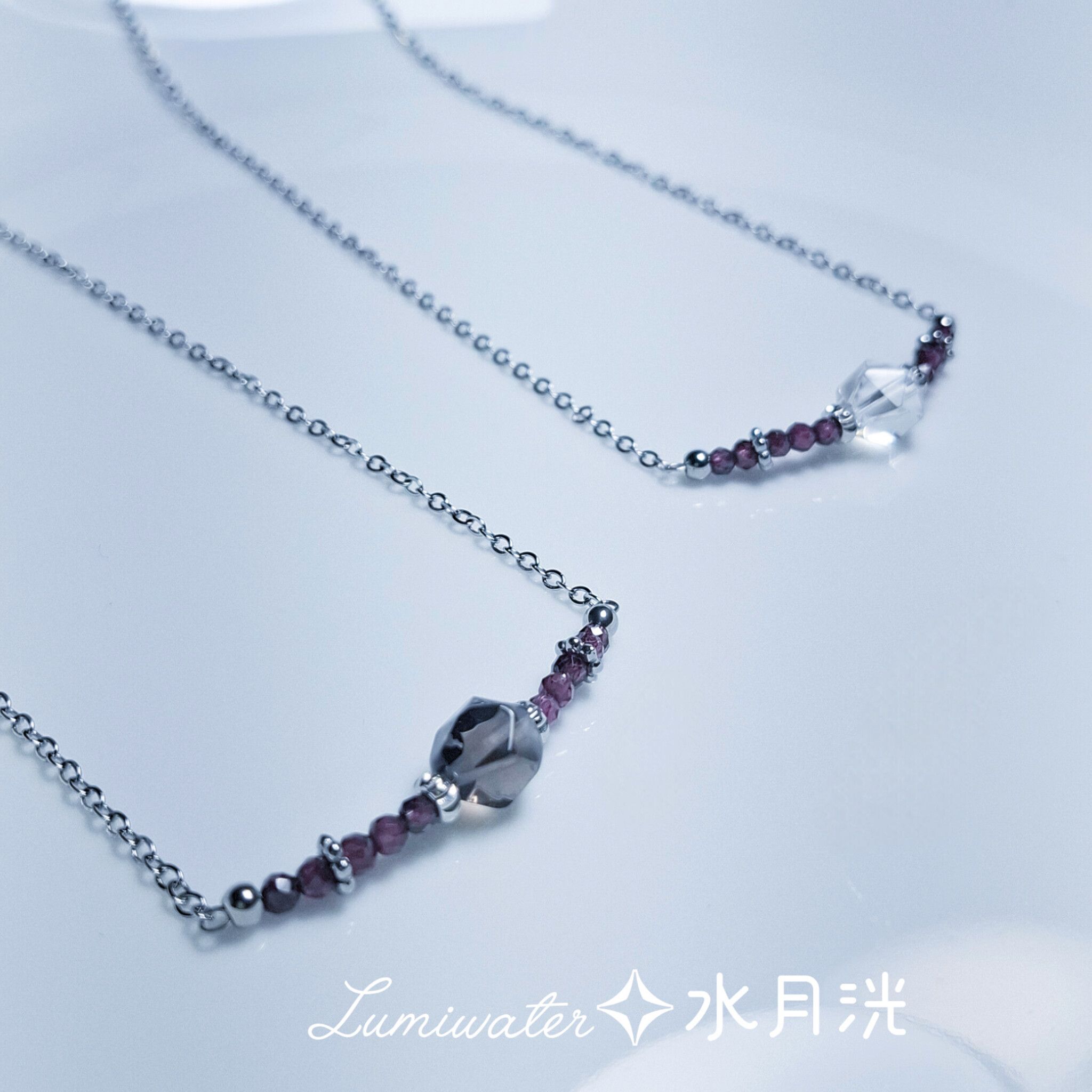 墨影紅蓮 紅酒冰晶｜冰種黑曜石 白水晶 石榴石 掃晦氣補元氣 元氣補給 可調節醫療鋼項鍊