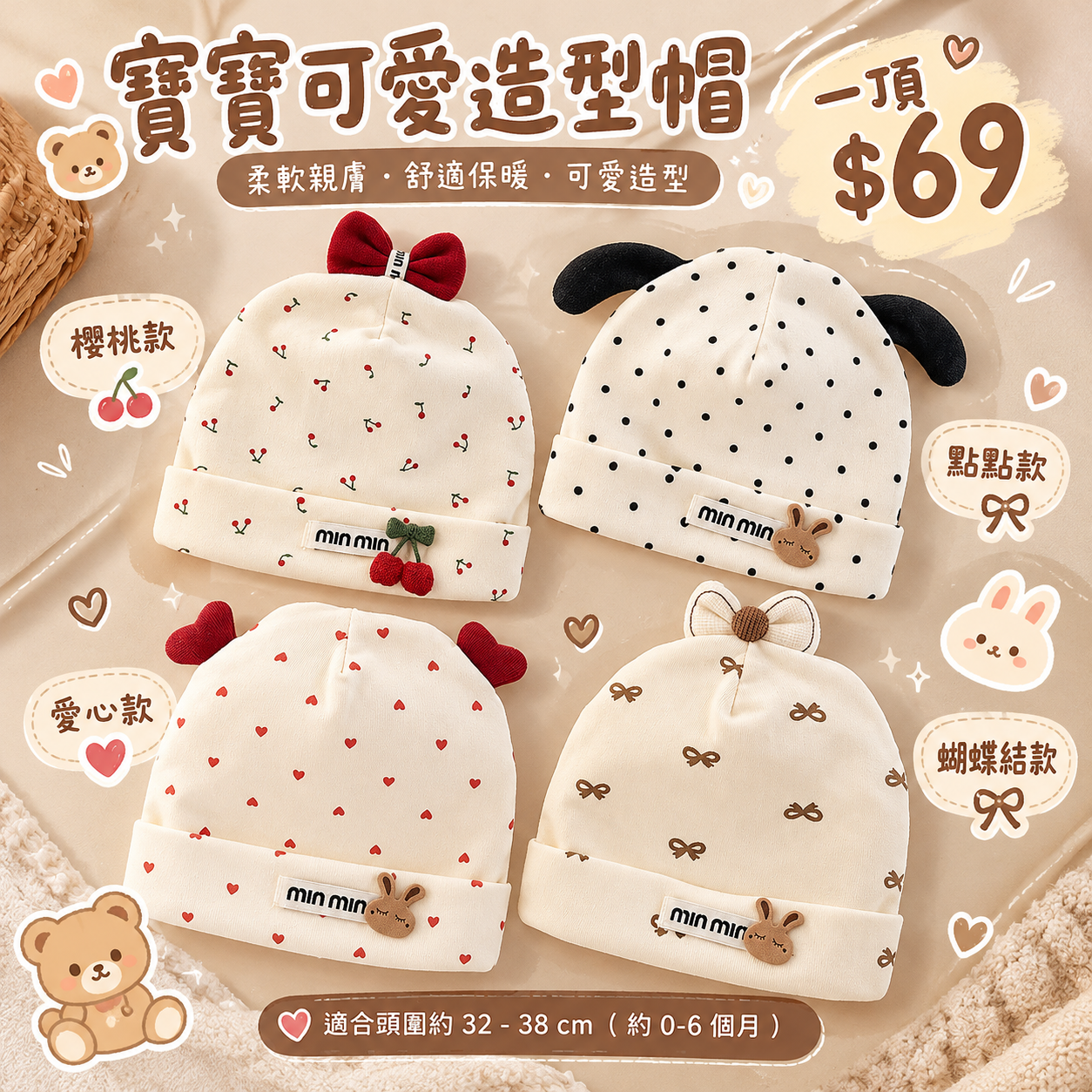 🎀 新生兒秋冬可愛造型帽🧸